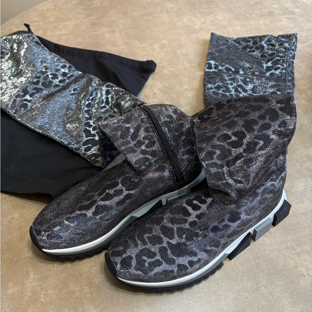 Dolce & Gabbana Gray and Silver Leopard Print Boots